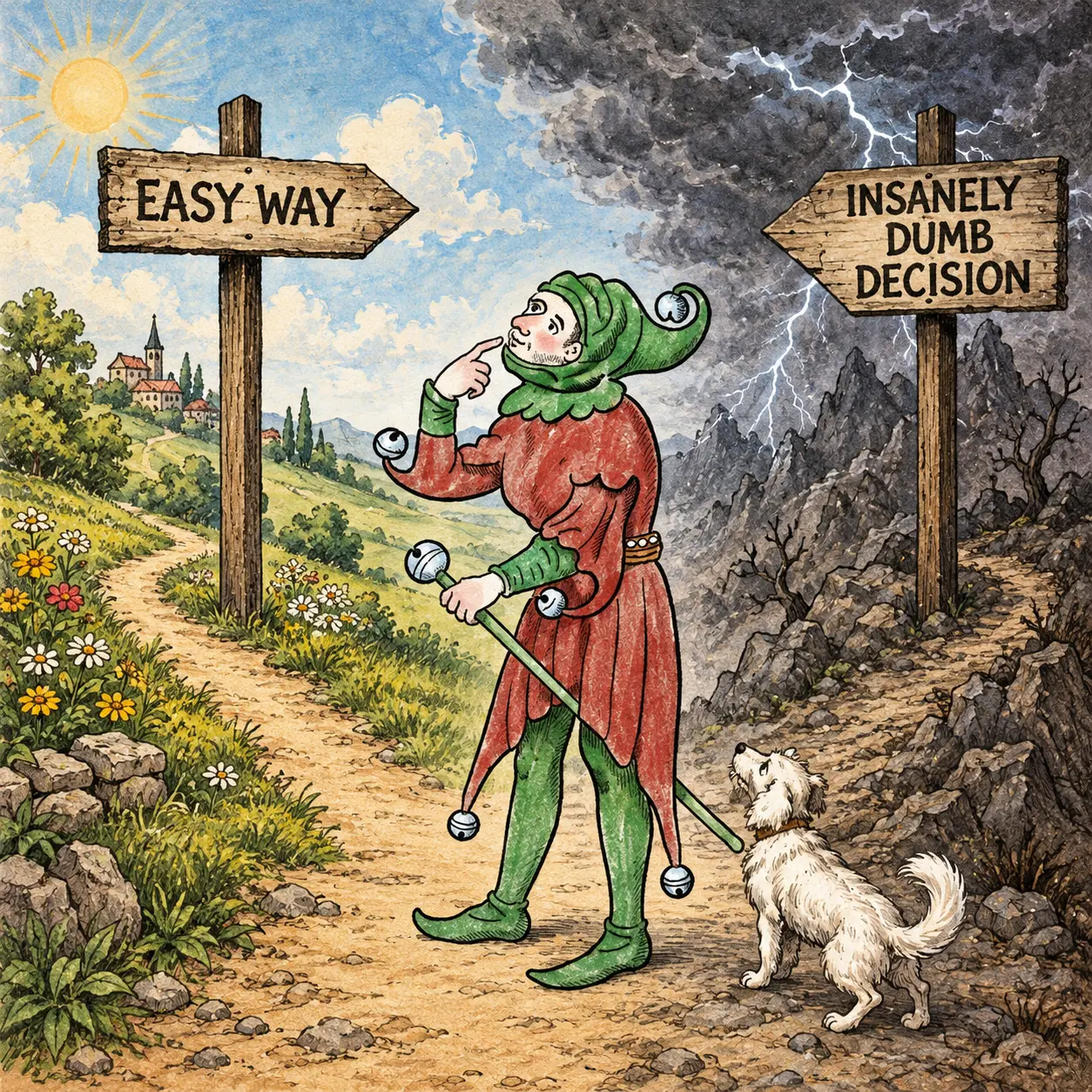 The Fool choosing between the easy way and an insanely dumb decision
